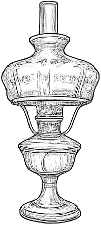 Black and white illustration of a vintage oil lamp with a chimney and base.