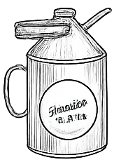 Black and white sketch of a vintage oil can with a spout and handle labeled Flavrico Oil Co.