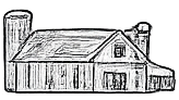 Black sketch of a house with a chimney, multiple windows, and a porch.