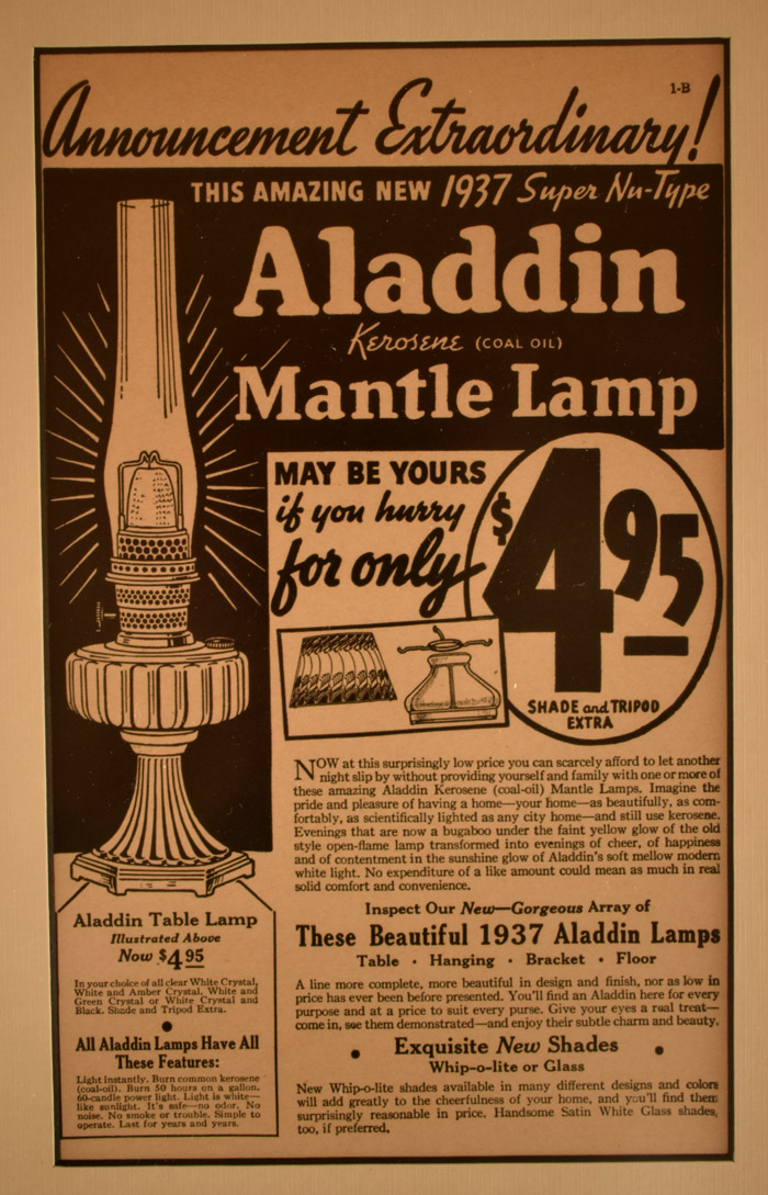 1937 vintage ad for Aladdin kerosene mantle lamp priced at $4.95 with text and lamp illustration.
