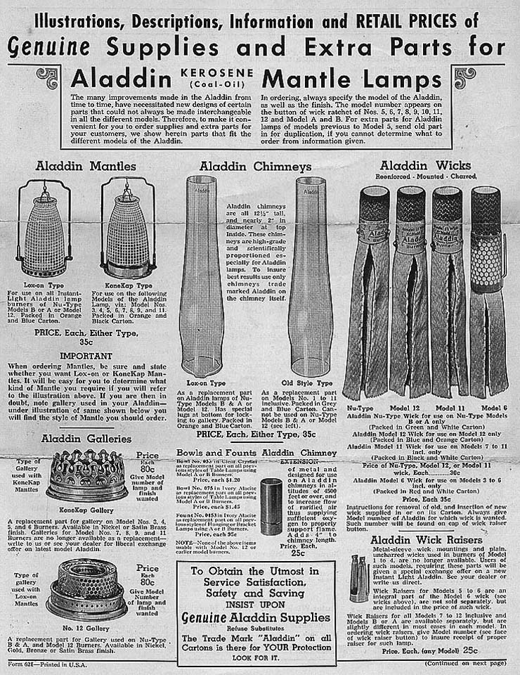 Vintage catalog page showing Aladdin kerosene mantle lamps, parts, mantles, chimneys, wicks, galleries, and wick raisers.