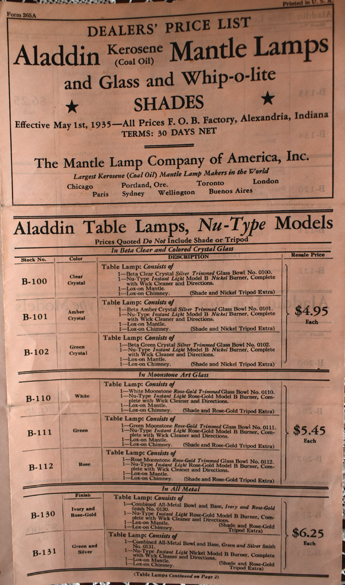 1935 Aladdin dealers' price list for kerosene mantle lamps with glass and whip-o-lite shades.