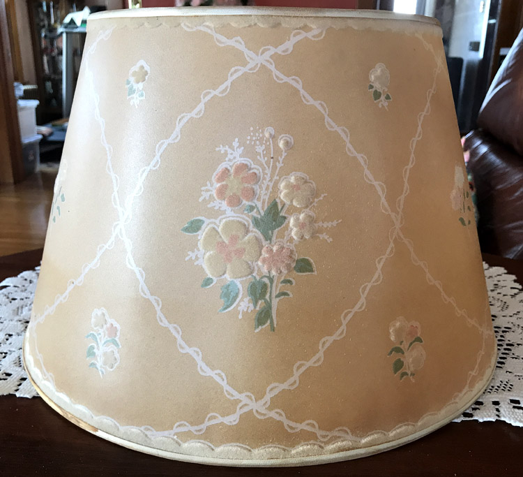 Beige lampshade with hand-painted pastel pink, yellow, and green floral patterns and white loops.