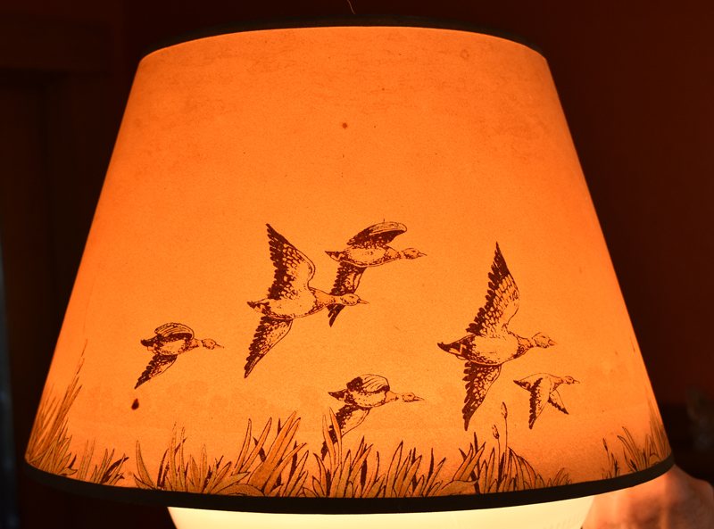Lamp shade lit from inside with a design of ducks flying over grass.
