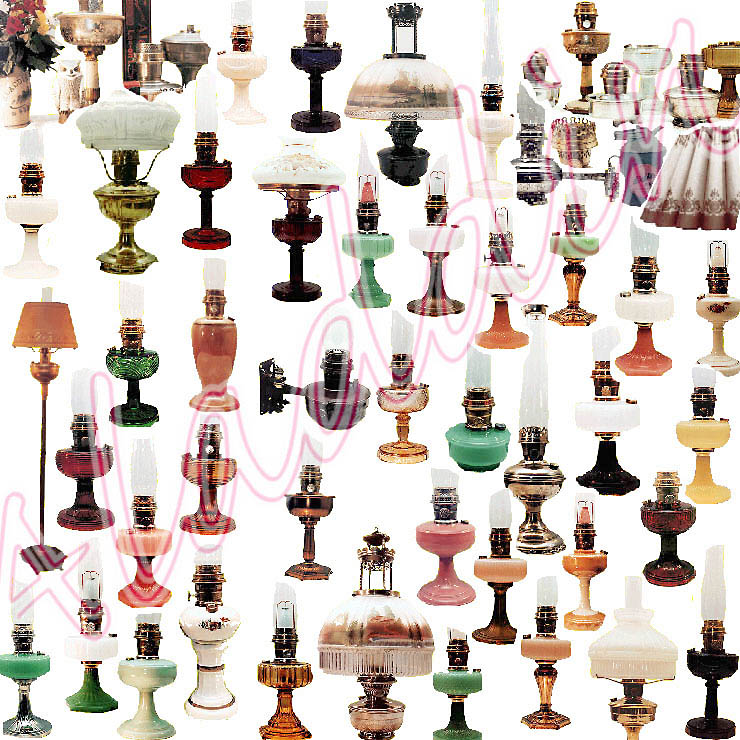 Collage of various vintage oil lamps in different shapes, colors, and styles on white background.