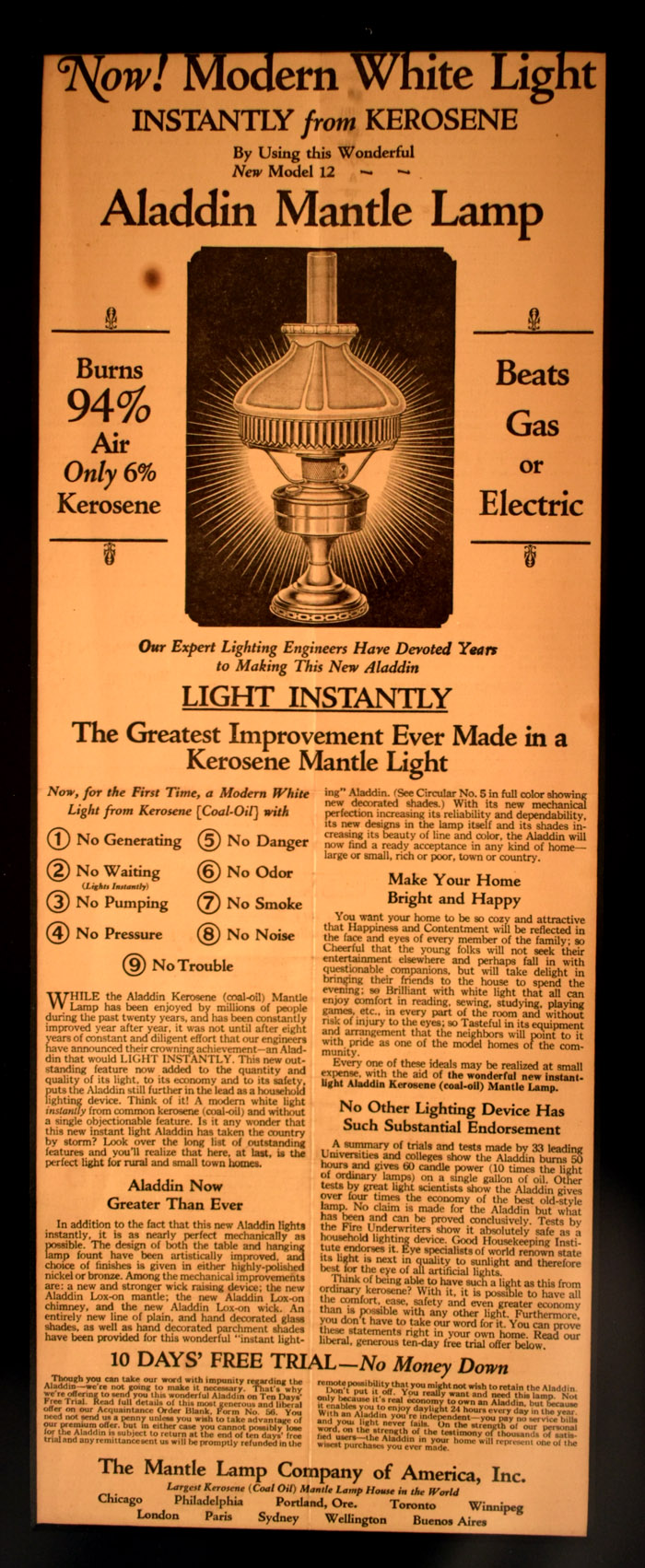 Vintage ad for Aladdin Mantle Lamp burning 94% air and 6% kerosene, beating gas and electric lights.