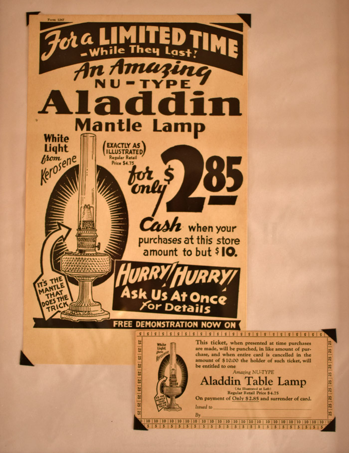 Vintage ad for Aladdin Nu-Type mantle lamp, $2.85 cash with $10 purchase, with coupon for table lamp.