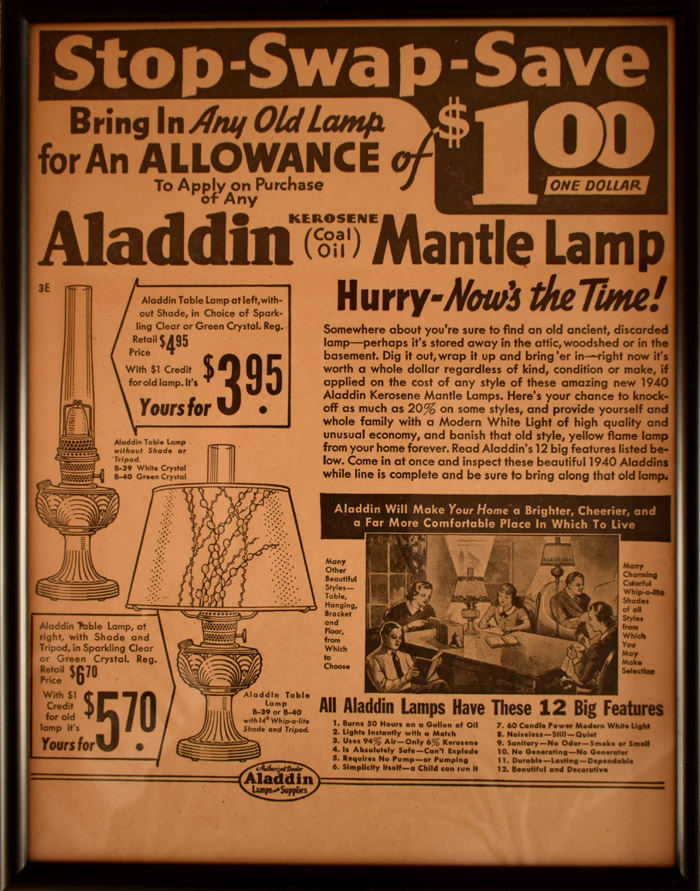 Vintage advertisement for Aladdin Kerosene Mantle Lamps with $1 allowance for any old lamp trade-in.