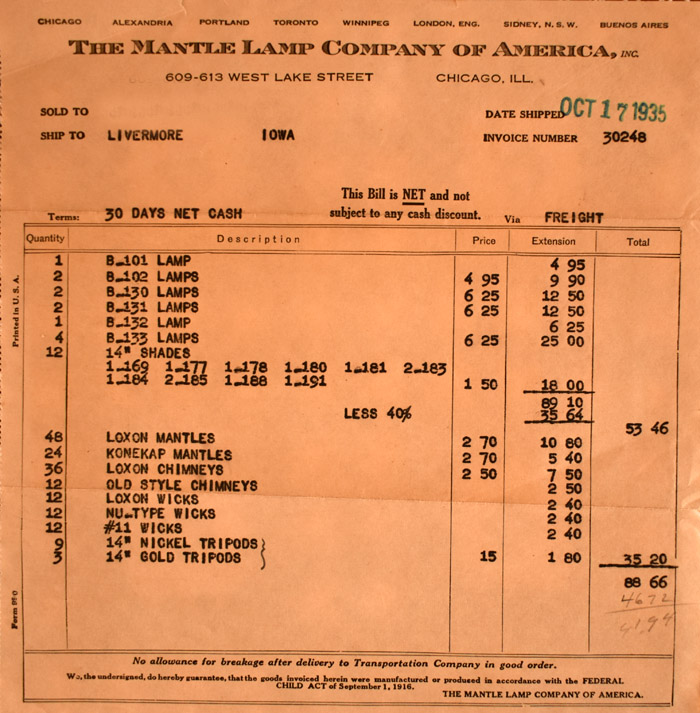 1935 invoice from The Mantle Lamp Company with lamp parts and quantities shipped to Livermore, Iowa.