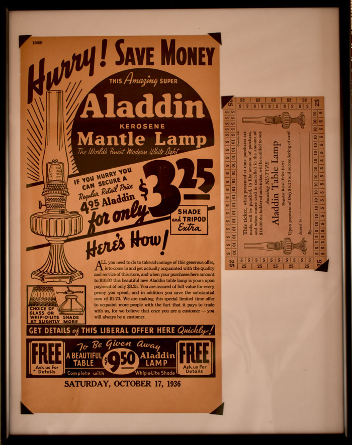 Vintage ad for Aladdin Kerosene Mantle Lamp priced at $3.25 with a free $9.50 lamp giveaway, dated 1936.