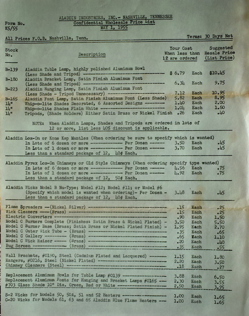 1955 Aladdin Industries wholesale price list showing lamps, shades, tripods, wicks, burners, brackets, and cleaner costs.