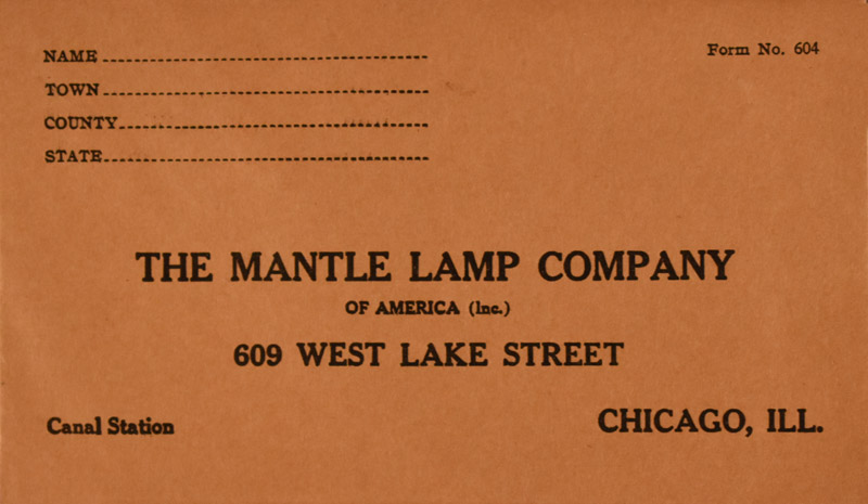 Brown envelope with fields for name, town, county, state and address of The Mantle Lamp Company, Chicago.
