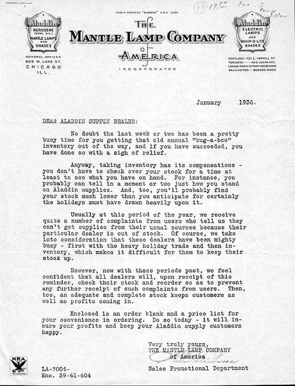 1936 letter from The Mantle Lamp Company of America to Aladdin supply dealers about inventory and stock.