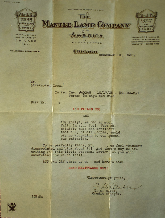 1935 letter from The Mantle Lamp Company of America in Chicago demanding payment with urgent tone.