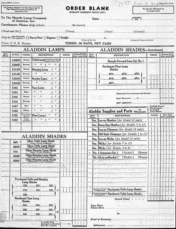 Vintage Aladdin Lamps order form with columns for styles, shades, prices, and order quantities.