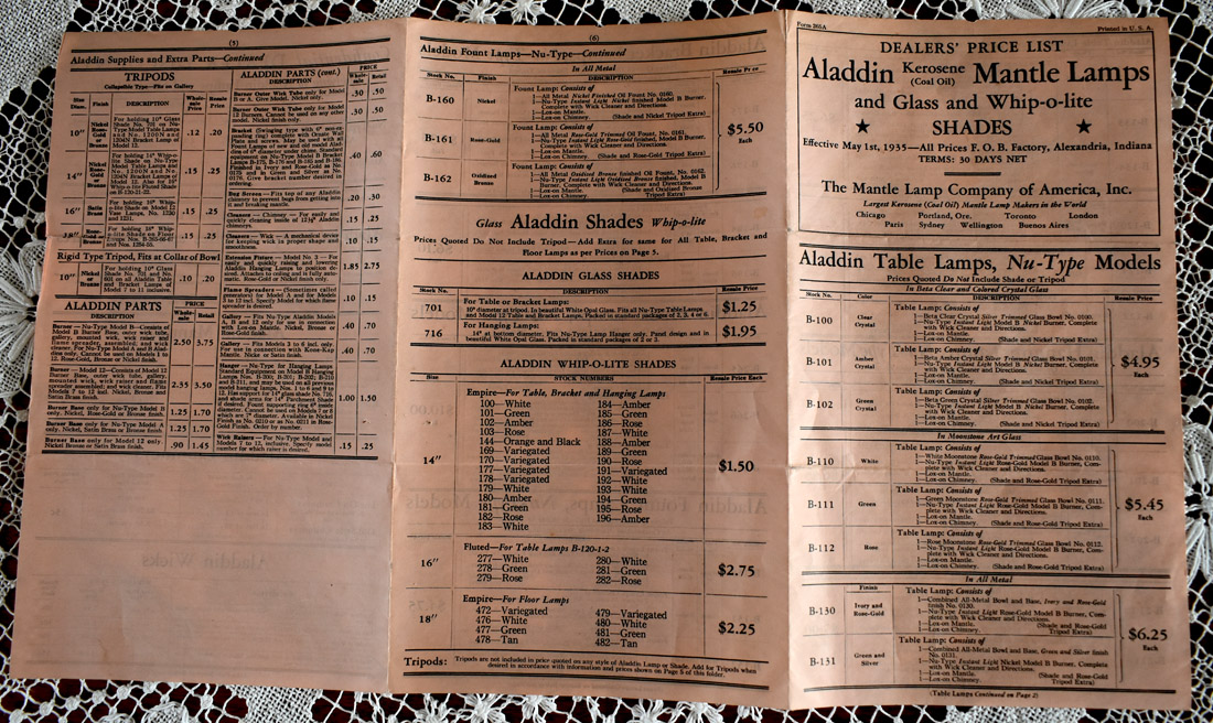 1935 Aladdin dealers price list for kerosene mantle lamps, shades, and glass with product descriptions and prices.