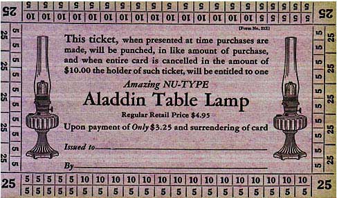 Vintage coupon for an Aladdin Table Lamp with lamps illustrated on both sides and redemption details.