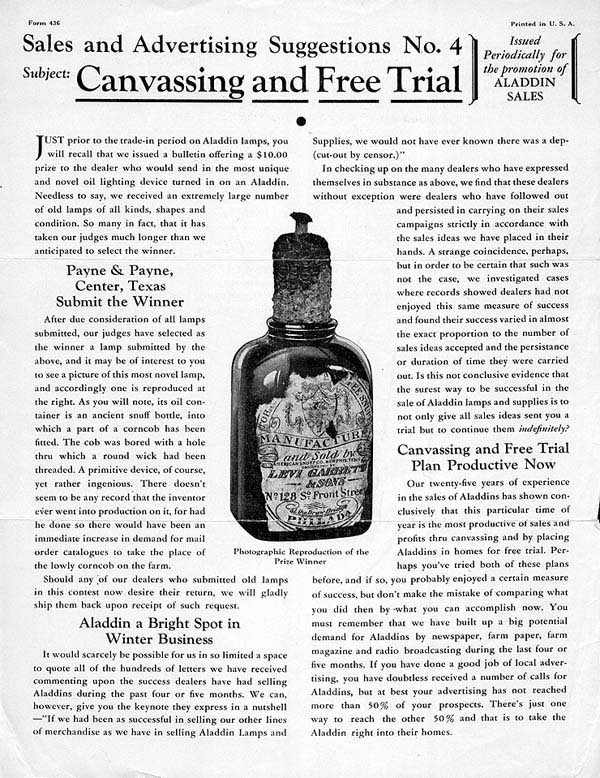 Vintage sales flyer for Aladdin lamps with text and photo of a lamp as the prize winner.