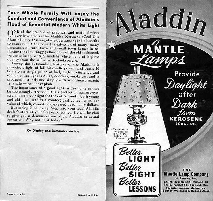 Vintage ad for Aladdin mantle lamps offering bright white light from kerosene with benefits explained.