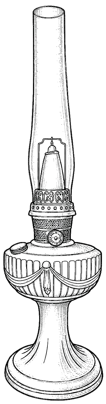 Detailed black and white sketch of a vintage oil lamp with a glass chimney and ornate base.