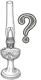 Black and white sketch of an old-fashioned oil lamp next to a large question mark.