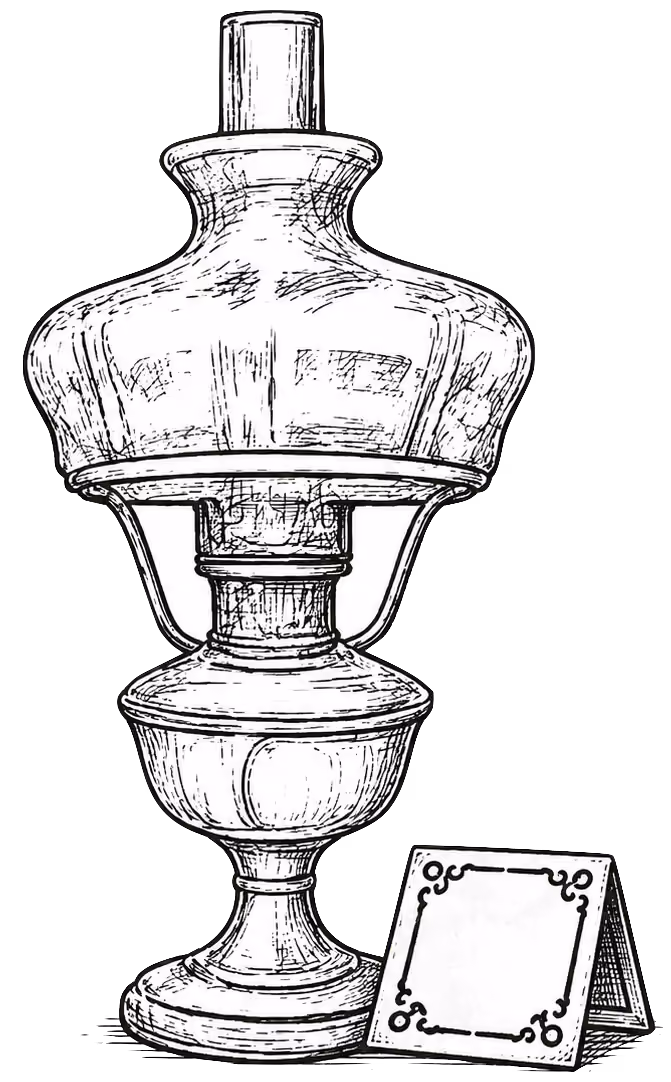 Black and white sketch of an antique oil lamp with a decorative base and chimney, accompanied by a blank ornate tent card.