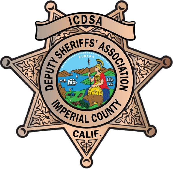 Badge of the Imperial County Deputy Sheriffs' Association featuring a six-pointed star and a central seal with a seated figure, bear, ships, and landscape.