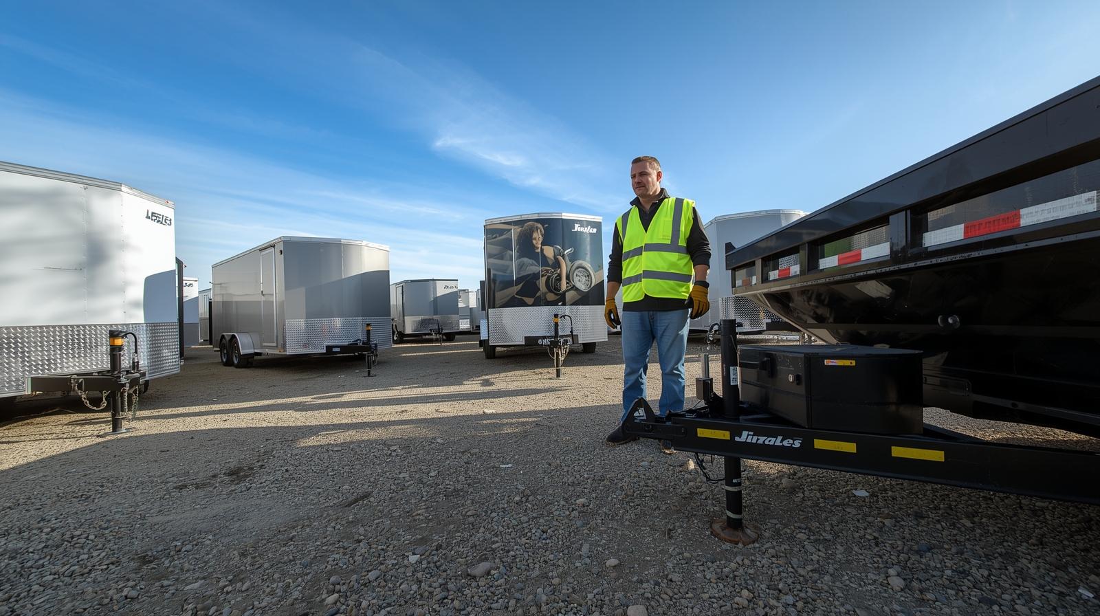 Man in yellow safety vest and gloves standing among several silver and black trailers on a gravel lot under a blue sky.