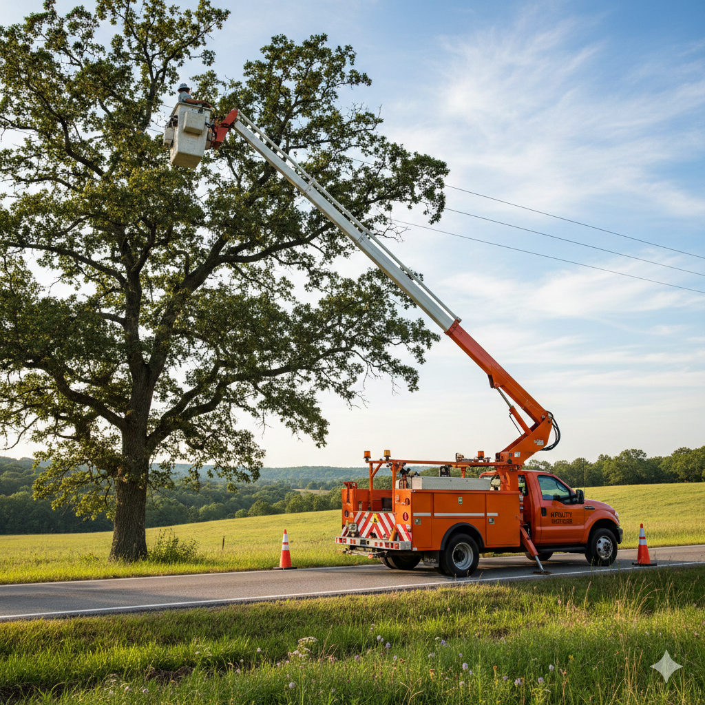 Utility worker in an elevated bucket truck trimming a large tree by the roadside in a rural area.