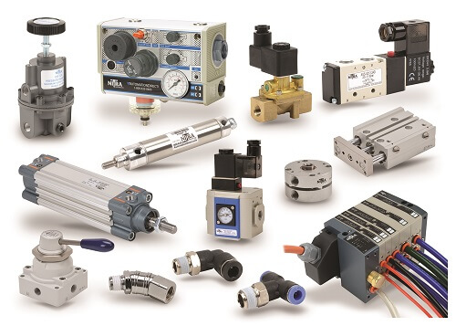 Assortment of pneumatic parts including valves, cylinders, connectors, pressure regulator, and solenoid components arranged on a white background.