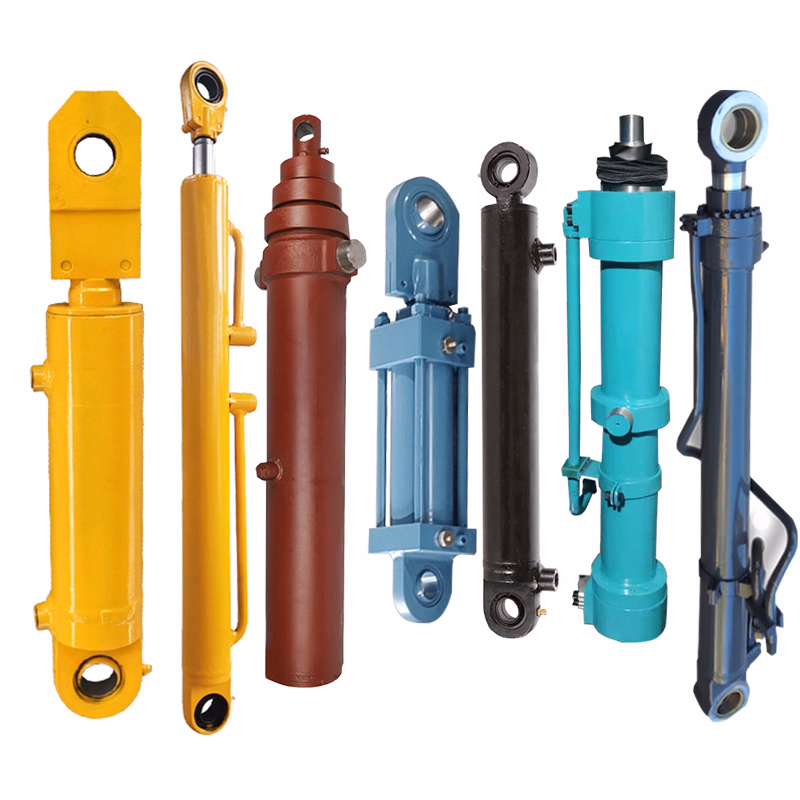 Seven hydraulic cylinders in various colors and designs lined up side by side on a white background.