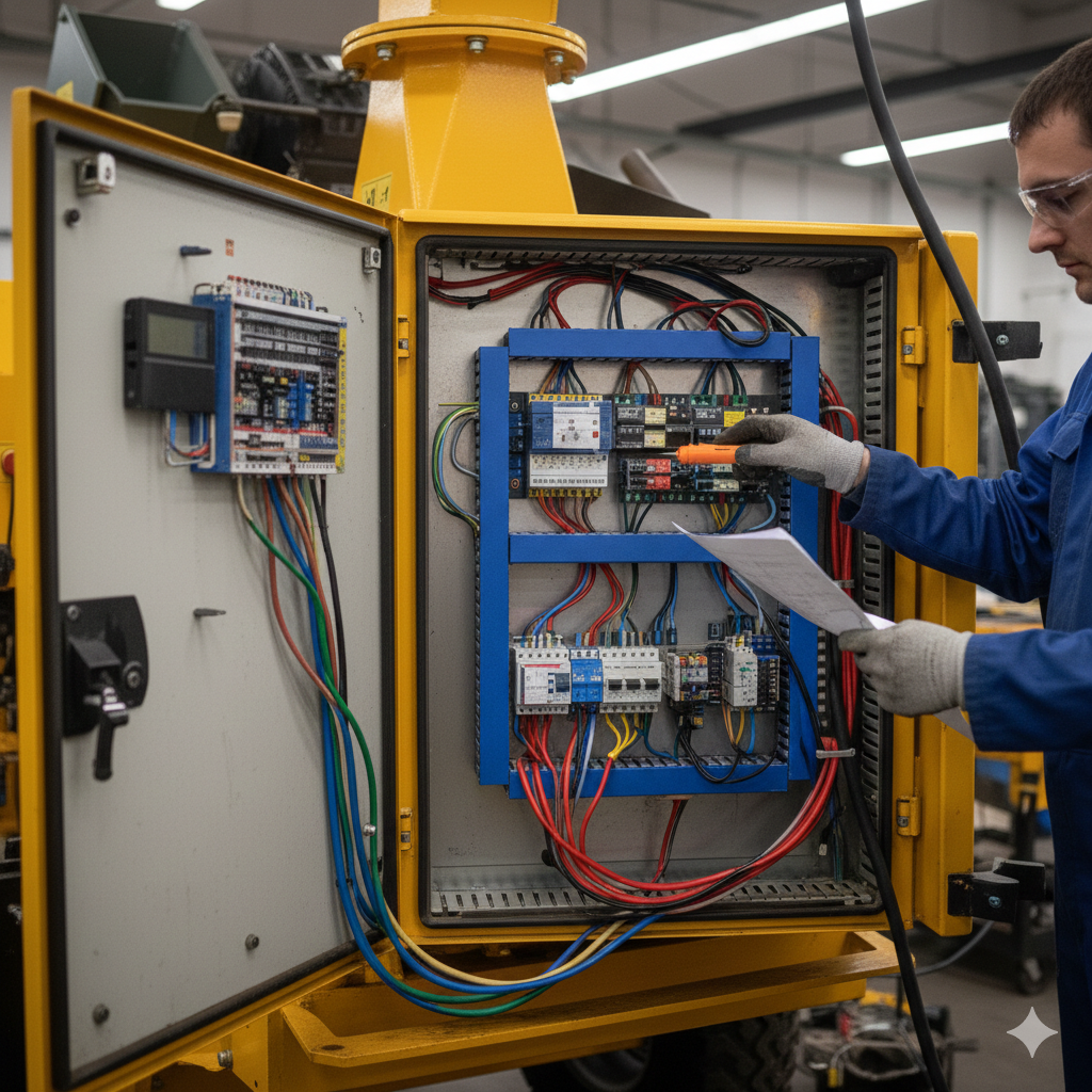 Electrician in safety glasses and gloves working on an open yellow electrical control panel with colorful wiring inside an industrial setting.