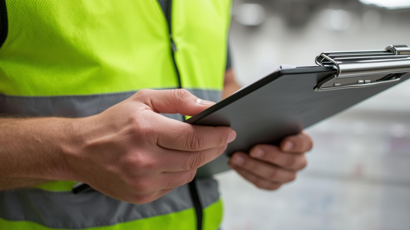 Person wearing a yellow reflective safety vest holding and writing on a black clipboard.