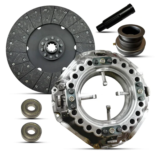 Set of mechanical brake components including a brake disc, pressure plate, bearing parts, and a cylindrical tool on a white background.