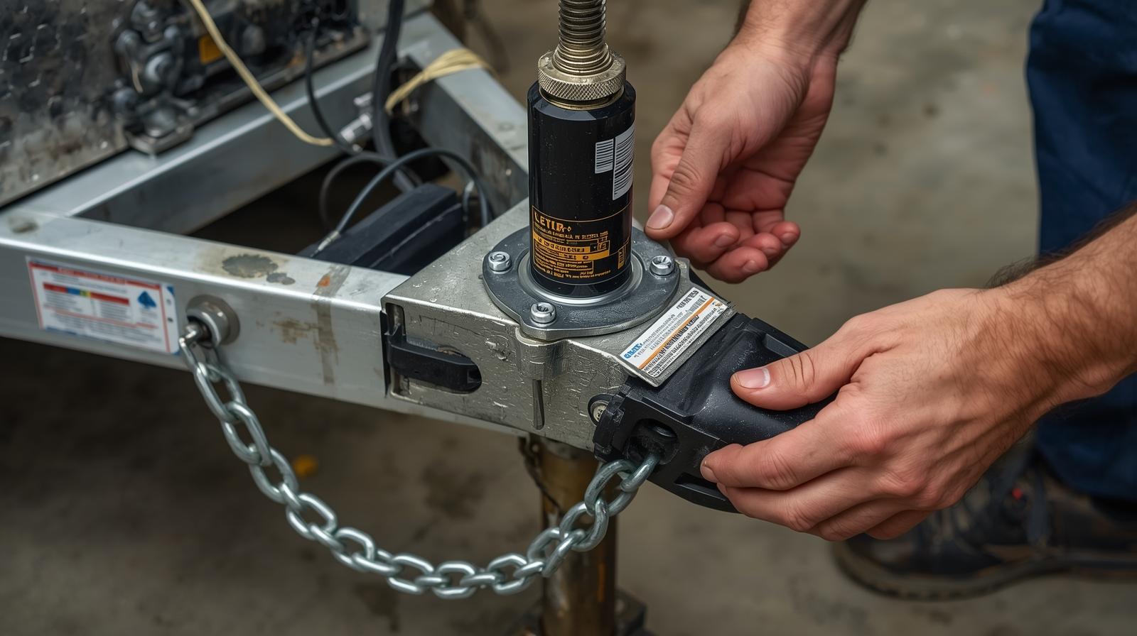Close-up of hands attaching a trailer coupler to a trailer hitch with a safety chain connected.