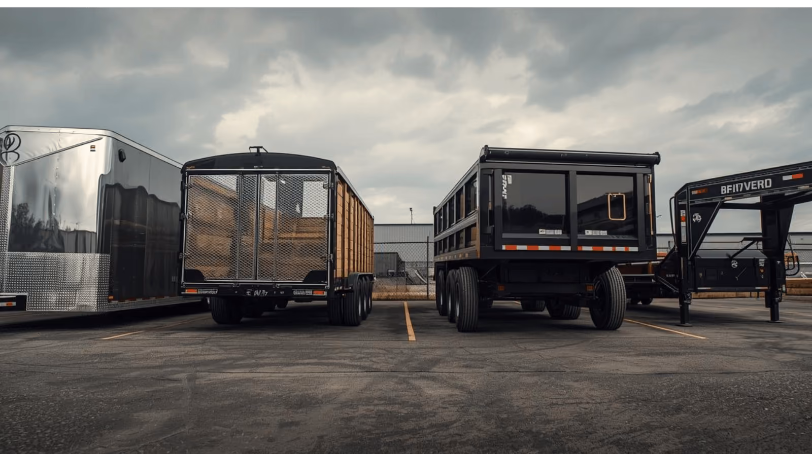 View from inside a dimly lit enclosed trailer looking out toward a parked gray trailer with trees and vehicles in the background.