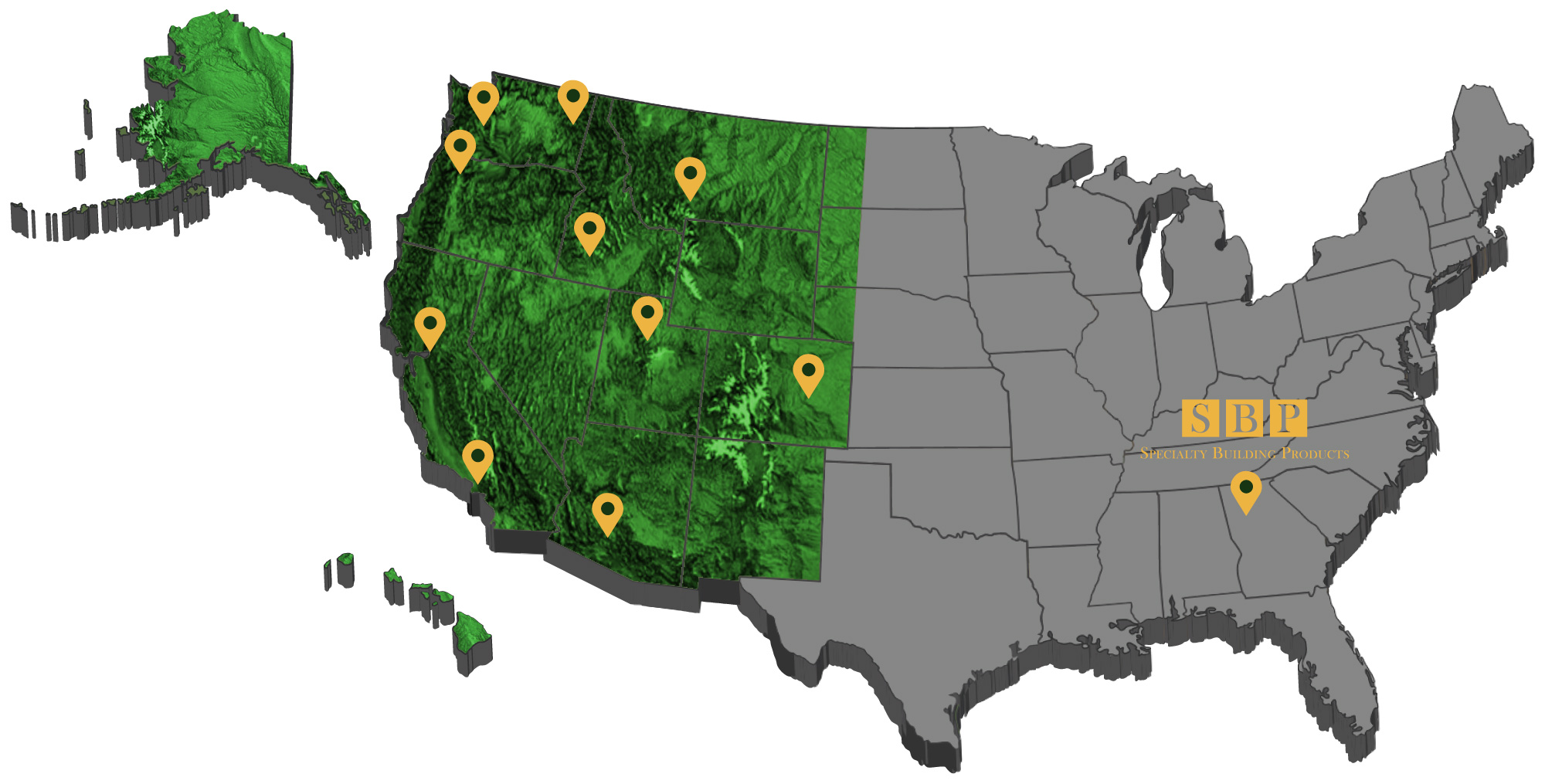 Map of the United States showing OrePac's service area in green with OrePac branch locations and SBP Headquarters marked with yellow pins