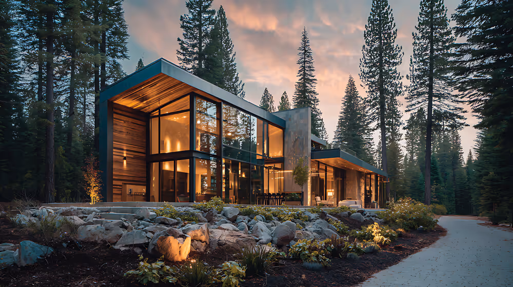 Modern house with large glass windows and wooden exterior surrounded by tall pine trees at dusk.