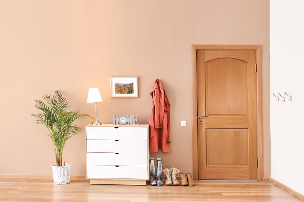Entryway with wooden door, white chest of drawers with lamp, clock, and 'HOME' decoration, pink coat hanging on wall hook, potted plant, and three pairs of shoes on wooden floor.