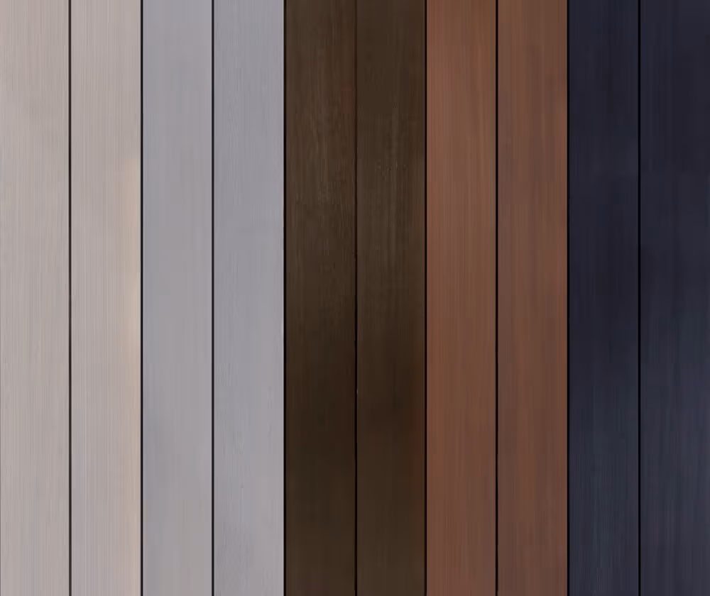 Vertical wooden planks in a gradient of colors from light beige to dark blue.