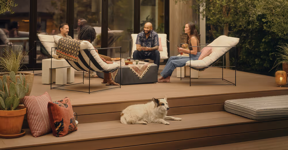 Four adults seated on cushioned chairs around a small table on a wooden deck with a white dog lying on the steps and decorative pillows and plants nearby.