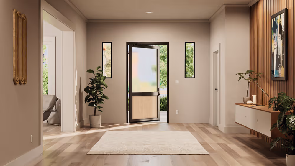 Modern entryway with an open pivot door featuring frosted glass and wood panel, light wood flooring, a white rug, indoor plants, and wall art.