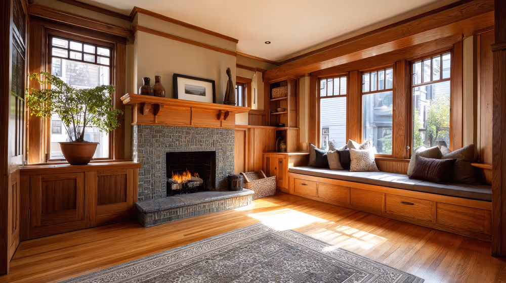Sunlit living room with wooden trim, a stone fireplace with a fire, and a built-in window seat with cushions and pillows.