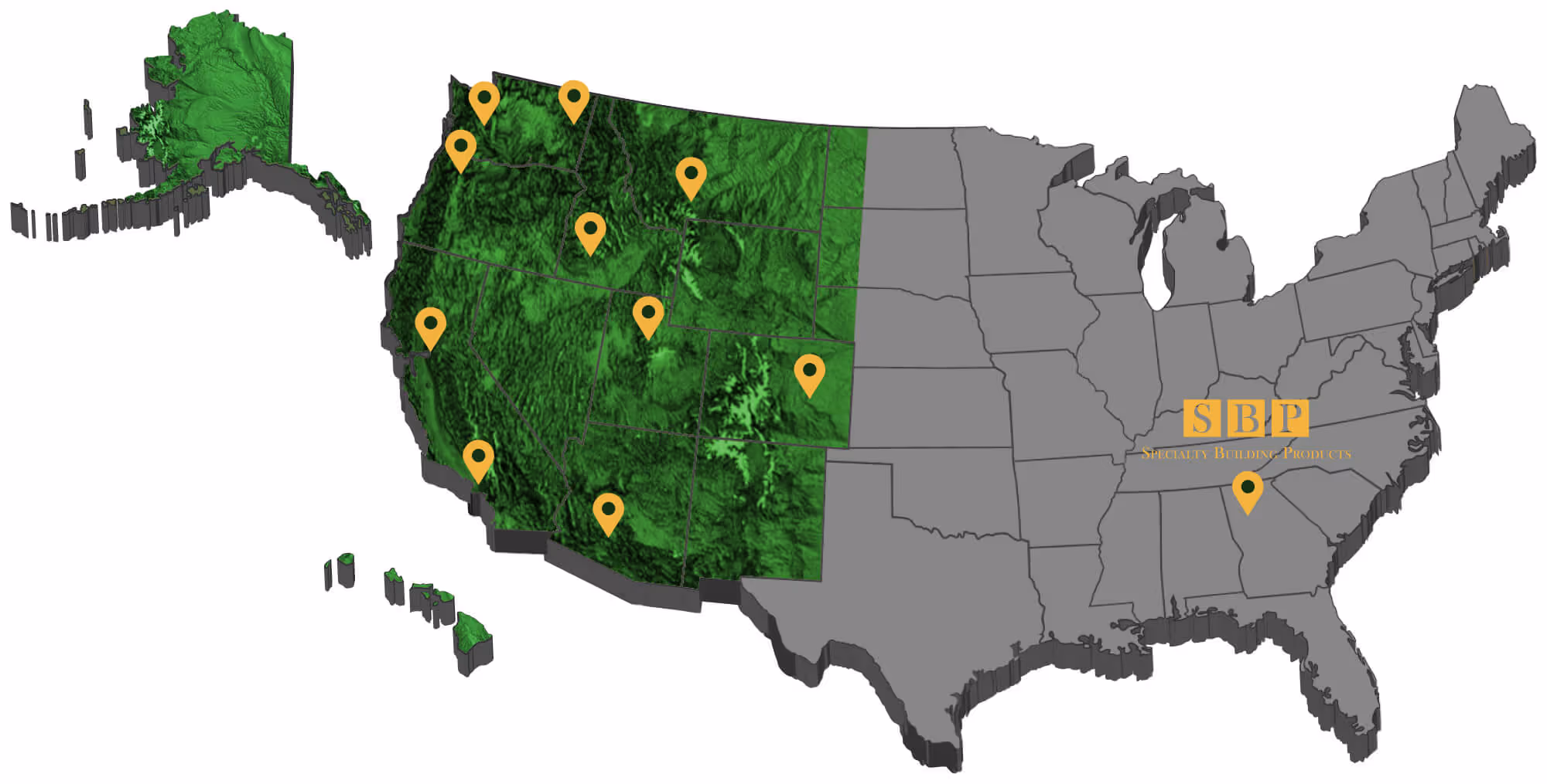 Map of the United States showing OrePac's service area in green with OrePac branch locations and SBP Headquarters marked with yellow pins