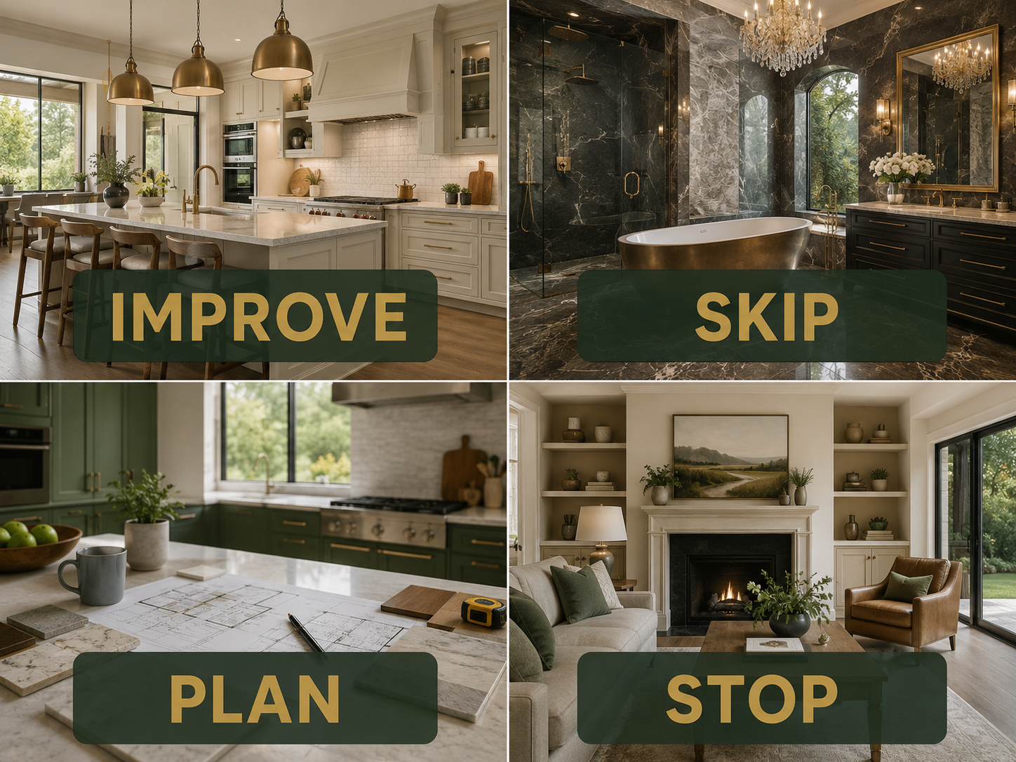 Single visual showing improve, skip, plan, and stop home improvement decisions