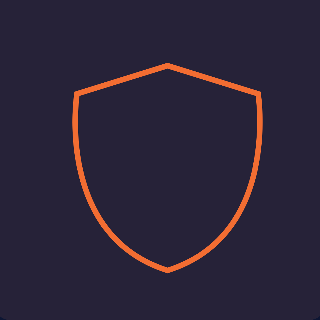 Outline of an orange shield on a dark purple square background representing security or protection.