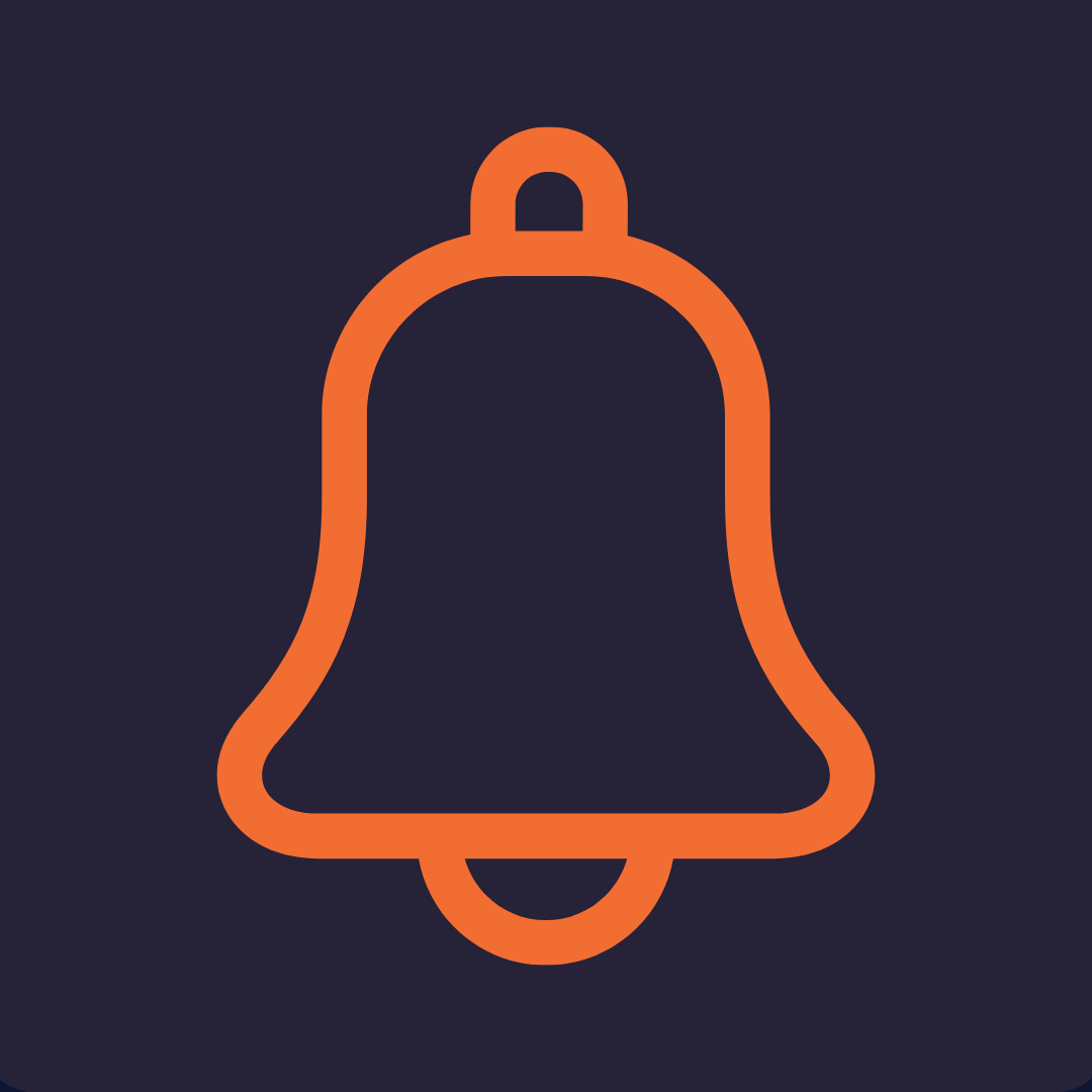 Orange notification bell icon on a dark purple background.
