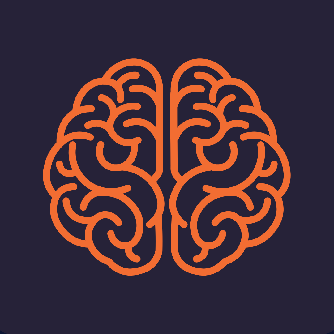 Orange brain icon with detailed folds on a dark purple background.