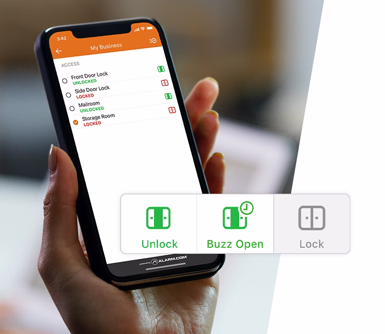 Hand holding phone showing app to unlock or lock business doors with options: Unlock, Buzz Open, Lock.