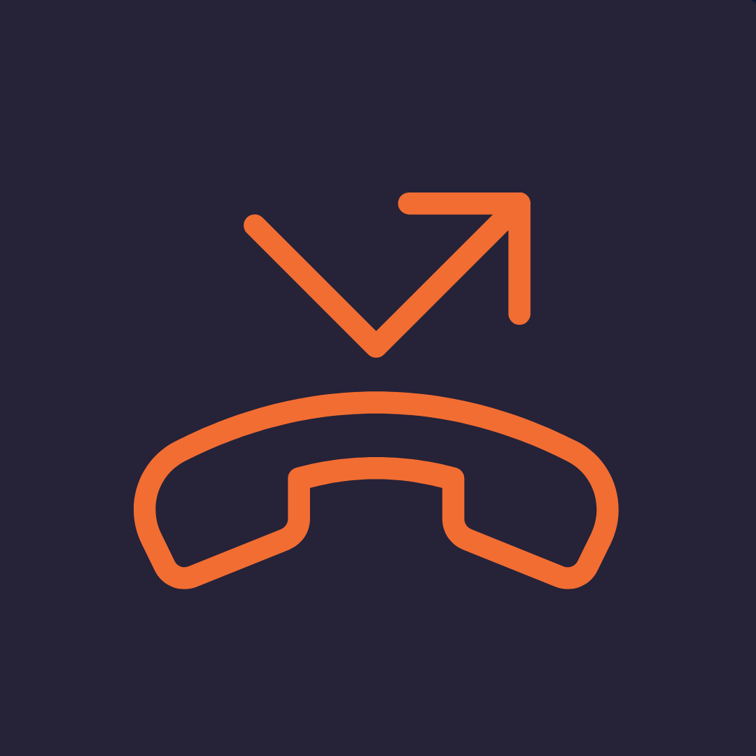 Orange phone handset icon with an arrow pointing outward on a dark background.